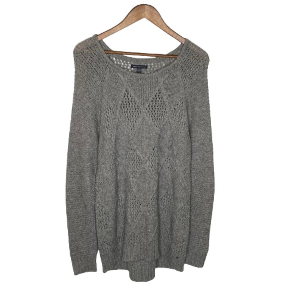 American Eagle Womens Open Cable Knit‎ Tunic Sweater Size Extra Large Gray Cozy